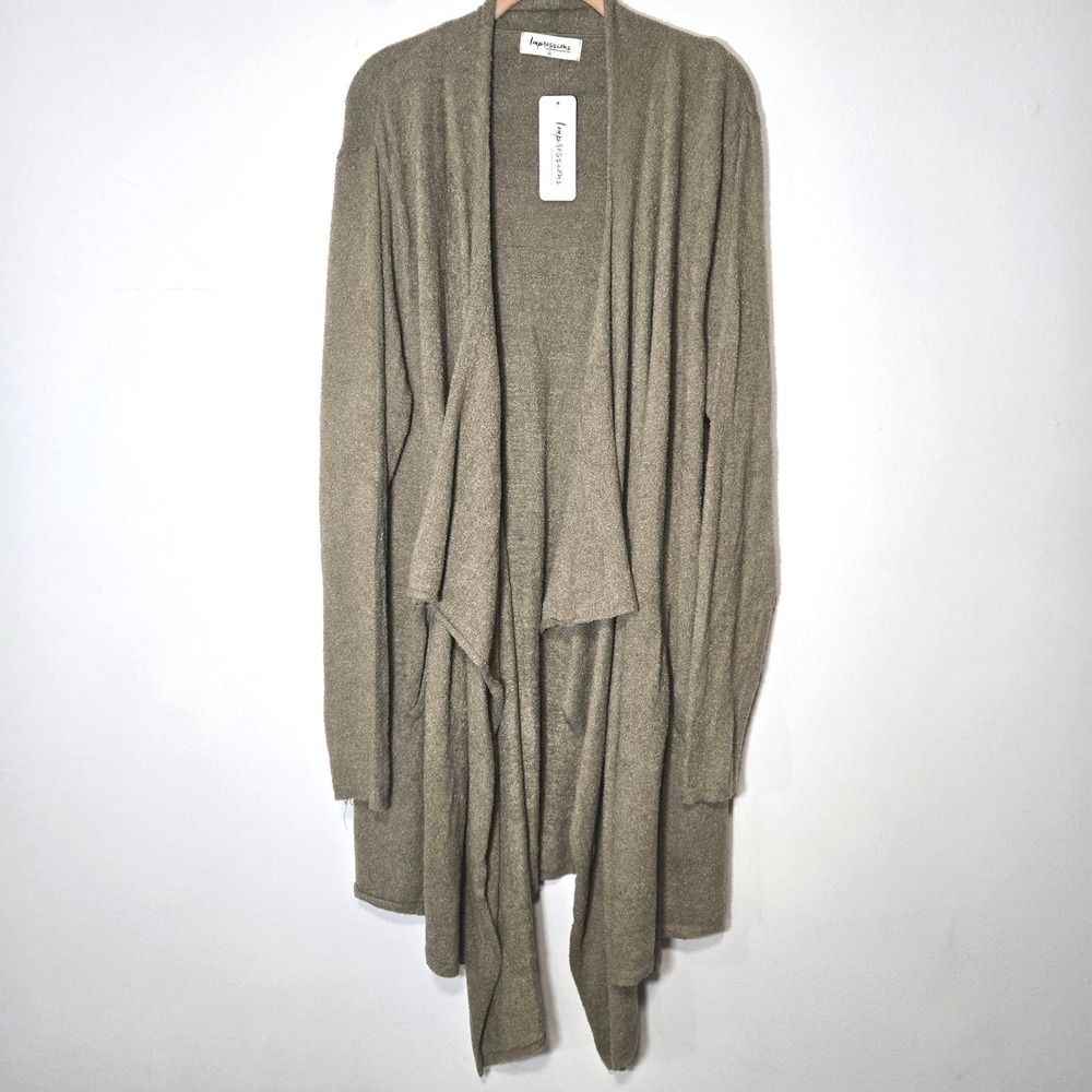 Impressions Cardigan Women XL Olive Green Draped Open Front Pockets TW-21035
